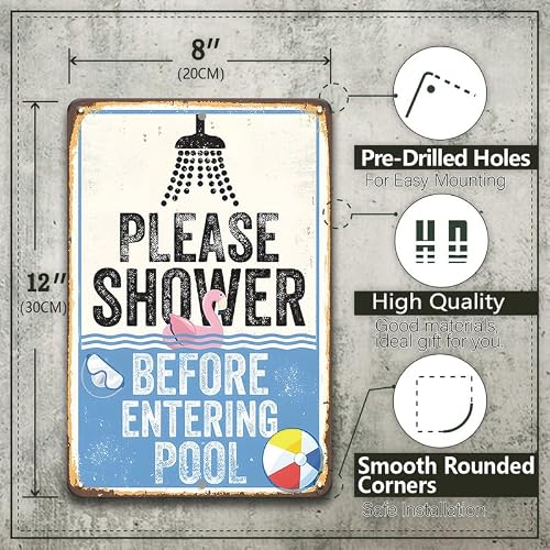 Letnspk Pool Rules Signs - Please Shower Before Entering Pool Sign, Vintage Metal Tin Signs for Pools, Outside, Inside, Swimming Pool, Backyard, Patio Wall Decor Art Accessories, 8 x 12 inch