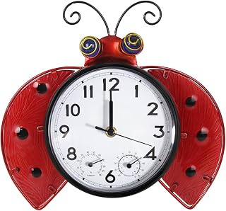 HOBYLUBY Ladybug Outdoor Wall Clock Silent Non-Ticking with Thermometer & Hygrometer - Patio Garden Decor Quartz Clock