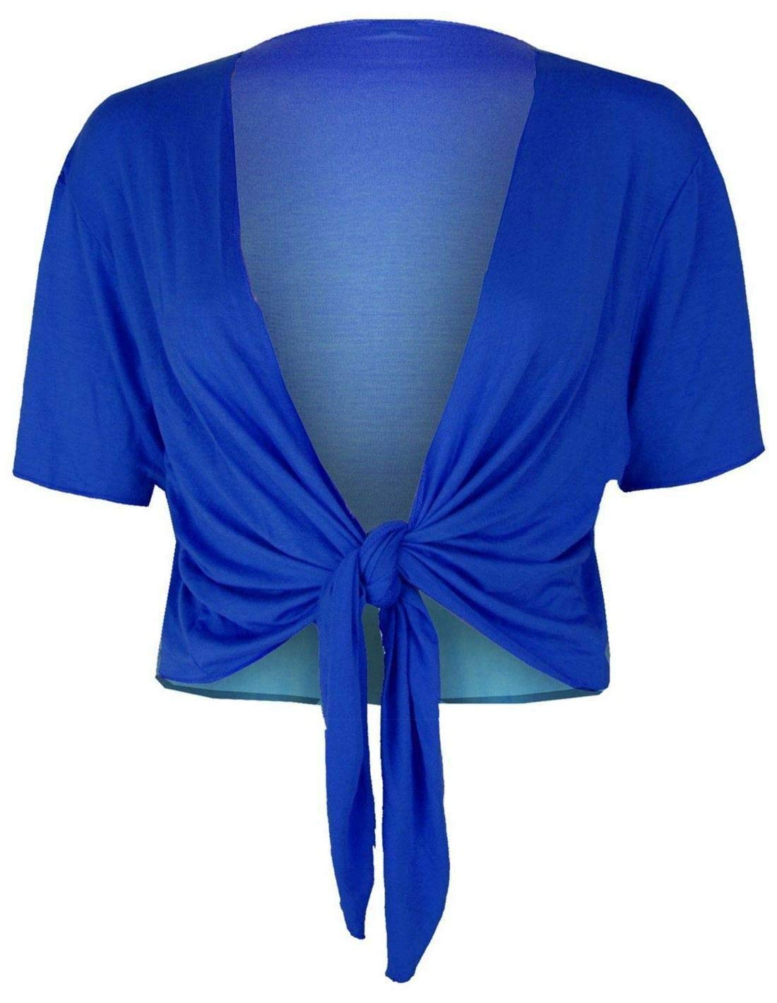 Fashion's island Ladies Women Tie Up Front Short Sleeve Plain Bolero Cropped Shrug Cardigan Top Royal Blue
