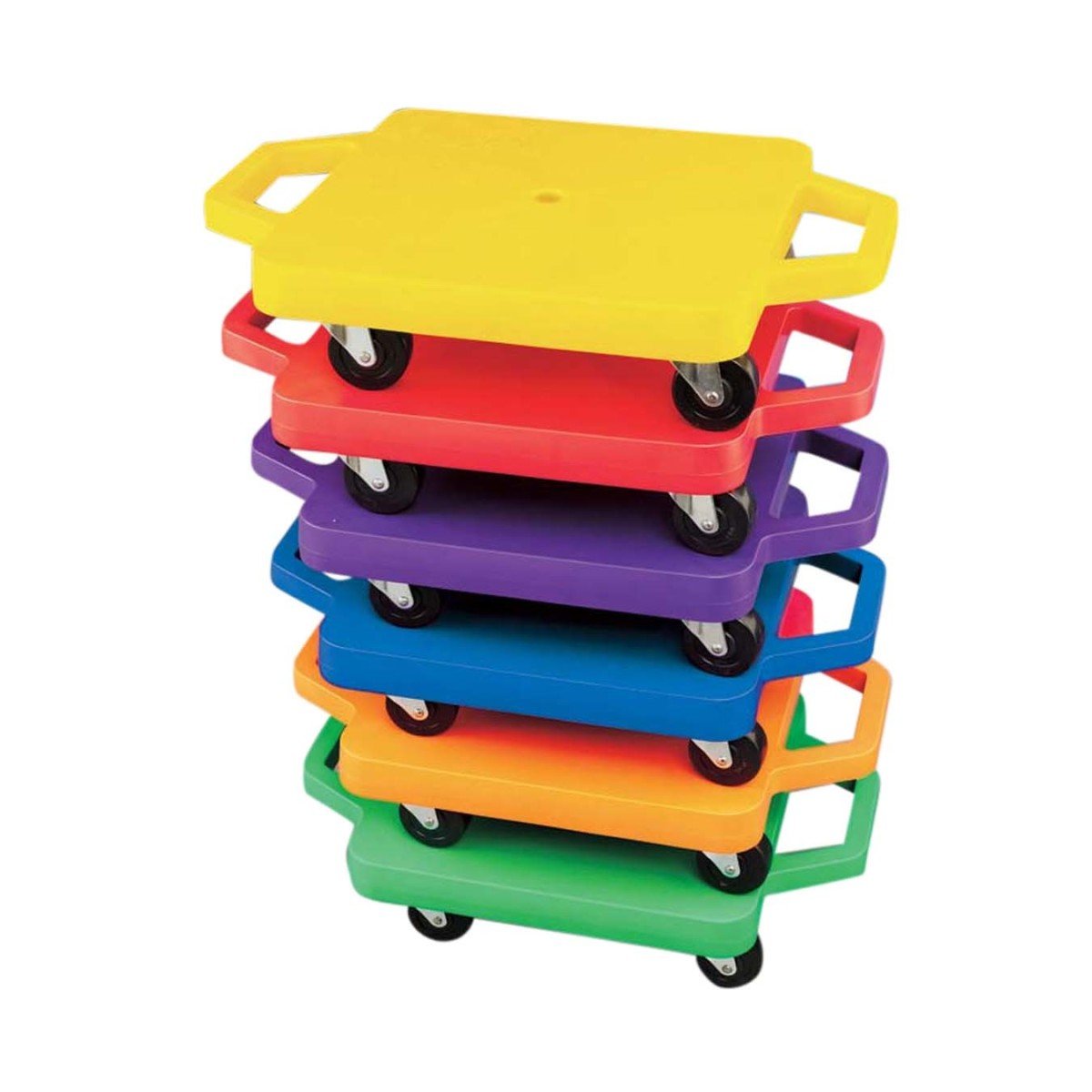 s&s worldwide 16" scooters. set of 6 different colored scooters with smooth rolling, non-marring 2" casters. durable hdpe plastic base with built in hand protectors. perfect for pe class.