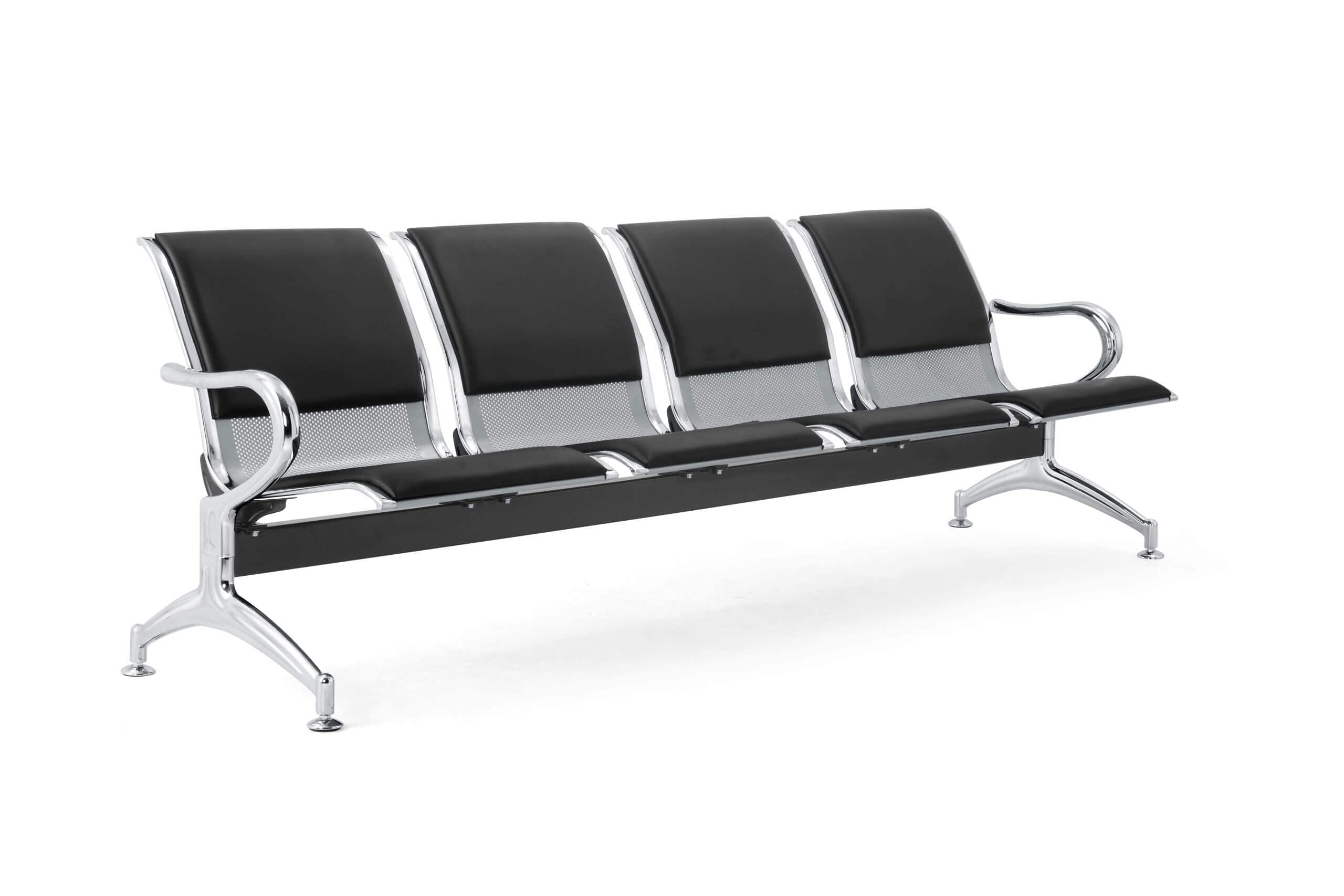 Banc 4 places acier 240x71x78H argenté pour salle d'attente | Avec coussin pour siège et dossier NOIR | Banc avec accoudoirs