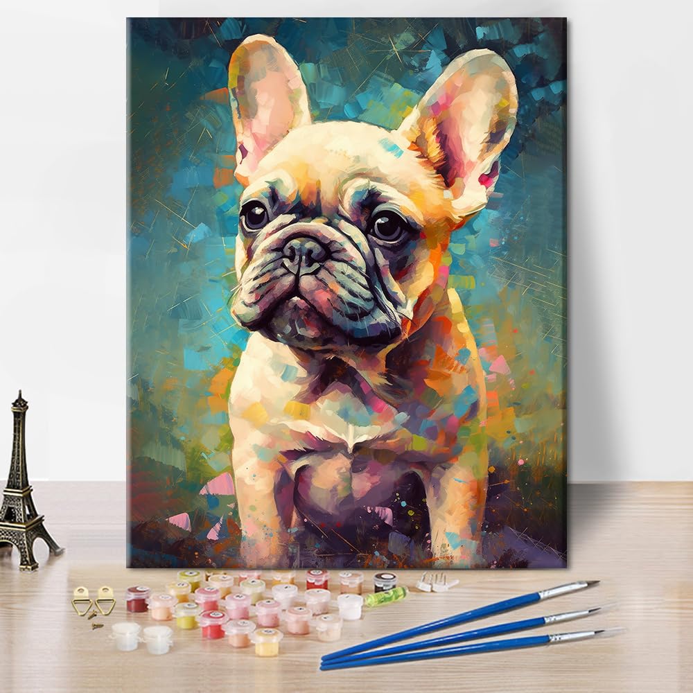 TISHIRON Paint by Numbers for Adults French Bulldog Portrait Animal Paint by Number Kit 16x20 Inch DIY Adult Painting on Canvas with Brushes and Acrylic Paints for Home Decor Dog Lovers Gift