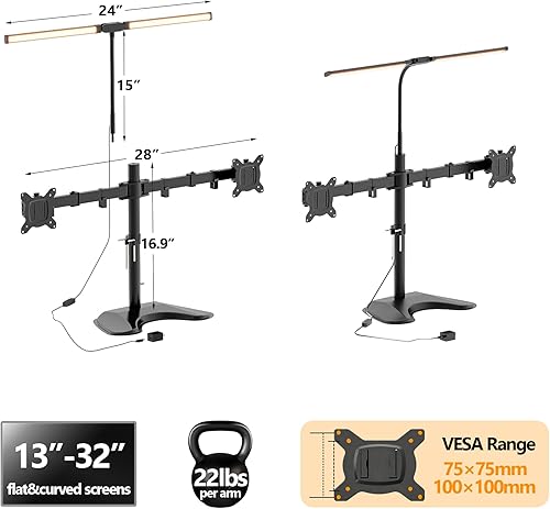 Miniatura 8 de 1332 Dual Monitor Stand for Desk with Adjustable LED Desk Lamp, Monitor Stand with Led Lights Free-Standing Monitor Mount (22 lbsArm)  Two-Screen
