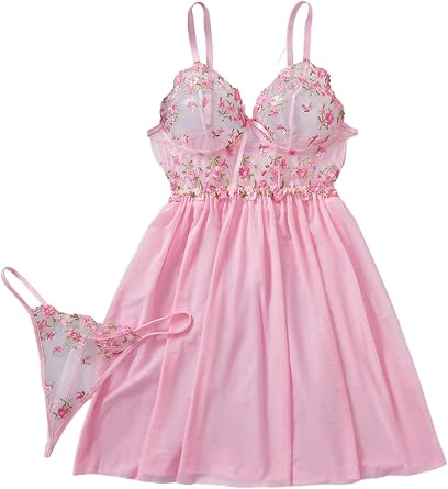 SHENHE Womens Babydoll Lingerie Lace Mesh Slip Dress Chemise Floral Embroidered Nightgown