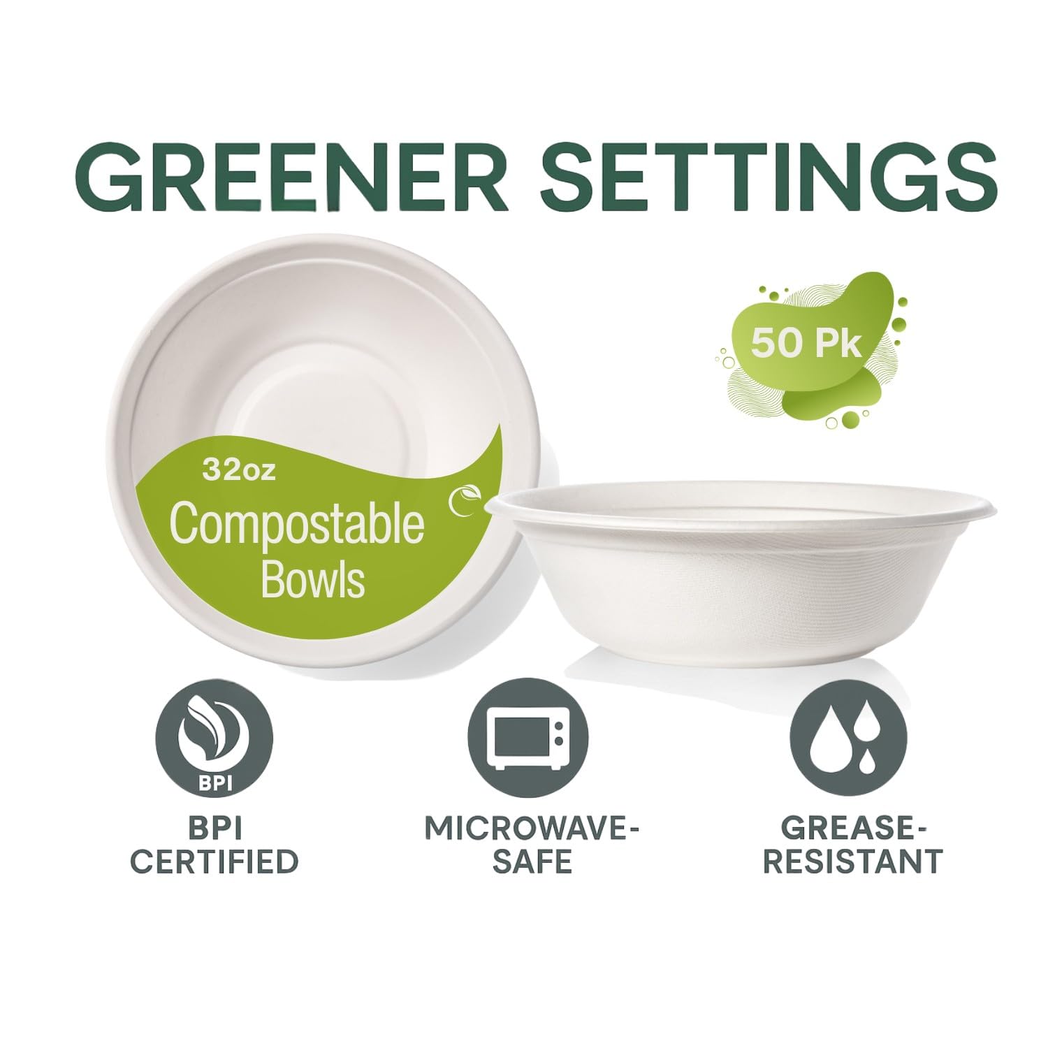 Cuencos de papel desechables [paquete de 50] – Tazones de sopa compostables de 32 onzas, bagazo natural resistente, ecológico y biodegradable, a base de plantas, alimentos