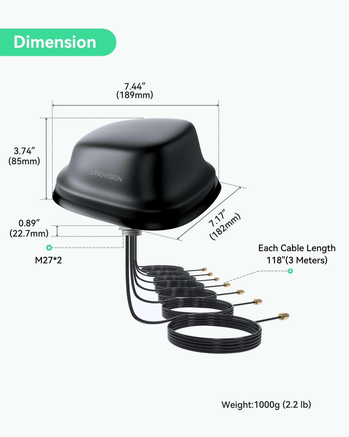 LINOVISION Antenne 5G LTE MIMO Combo 7-en-1, 4X 5G LTE, 1x GNSS, 2X Wi-FI, Antenne SMA pour Toit extérieur avec 3m de câble, Fonctionne avec Teltonika RUTM50, RUTX50, TRB500, RUTC50 (PR1KC640)