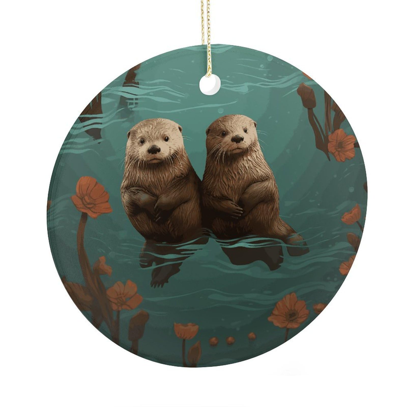 Fekiloot Style Otters In Love Christmas Ornaments 2.9 Inch Round Ceramic Ornament Keepsake Thank You Gifts For Office, Room, Home - Holiday Present Ideas