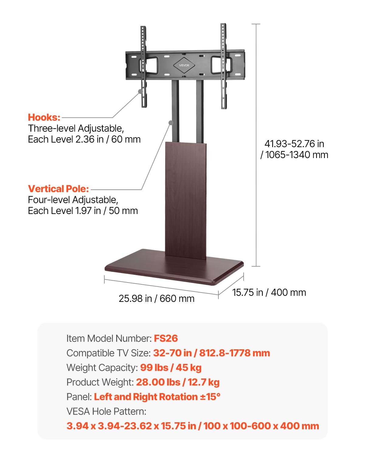 VEVOR Desktop TV-Ständer Fernsehständer für 812,8-1778 mm TVs bis zu 45 kg, ±15° Links-Rechts-Drehung & höhenverstellbare TV-Halterung für Ecke Schlafzimmer Wohnzimmer (max. 600 x 400 mm)