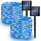 Dazzle Bright 2 Pack Solar String Lights Outdoor, 39.4 FT 120 LED Solar Powered Waterproof Fairy Lights 8 Modes, Copper Wire Lights for Christmas Patio Party Tree Yard Decoration (Blue)