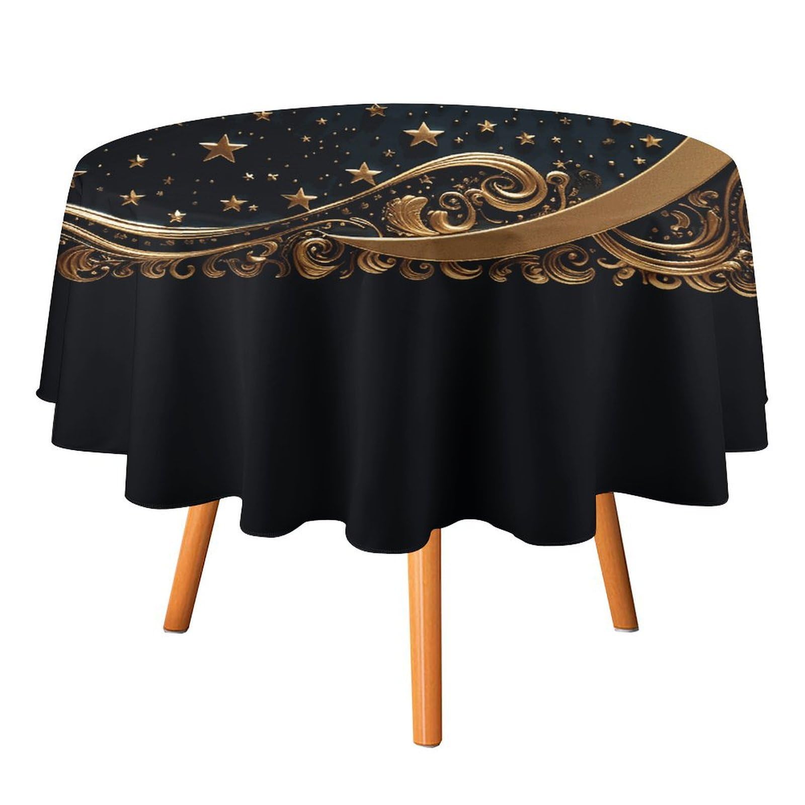 Fekiloot Style Golden Background And Crescent Moon Round Tablecloth - Heavy Duty And Washable,Polyester Decorative Fabric Table Cover,Tablecloths For Kitchen Dining, Wedding, Birthday Party70x70in