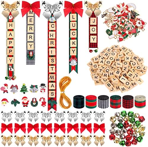 297 PCS Christmas Ornaments Tree Decorations Personalized Crafts for Kids Adults Kit Wooden Letter Tiles Xmas Resin Enamel Charms Jingle Bell DIY Ribbon Hanging Xmas Decor Gifts Holiday Wreath