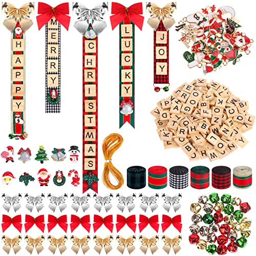 297 Pcs Christmas Ornaments Tree Decorations Personalized Crafts For Kids Adults Kit Wooden Letter Tiles Xmas Resin Enamel Charms Jingle Bell Diy Ribbon Hanging Xmas Decor Gifts Holiday Wreath #TOP1