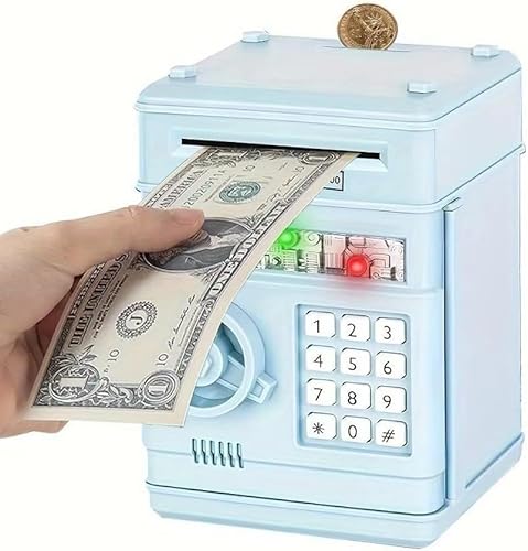 Deronder貯金箱 ミニATM 貯金箱 金庫おもちゃ お子様プレゼント用 楽しい貯金箱 パスワードロック式 お札 小銭知育玩具子供用 ギフトデスクトップデコレーション貯金箱 贈り物 ダイヤルロック式 セキュリティ耐久性 完璧な贈り物 (水色)