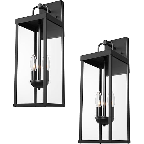Outdoor Wall Sconce Lights, 20 Inch Tall Transitional Exterior Wall Lighting with Clear Glass, Modern Outside Wall Lantern for Front Porch Corridor Doorway Patio, RZ008M-2 BK