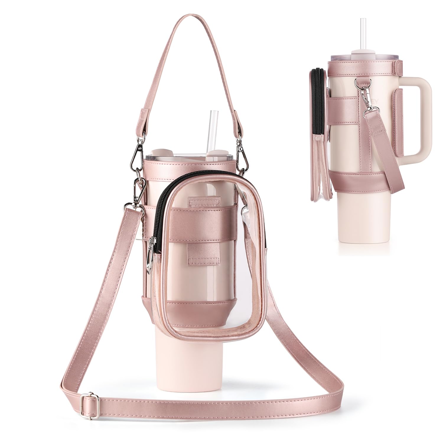 COSHONWOL Clear Water Bottle Carrier Bag with Phone Pocket for Stanley Cup 40oz,with Adjustable Shoulder & Handheld Strap Stanley Cup Accessories Edging for Concert Sports (Pink)