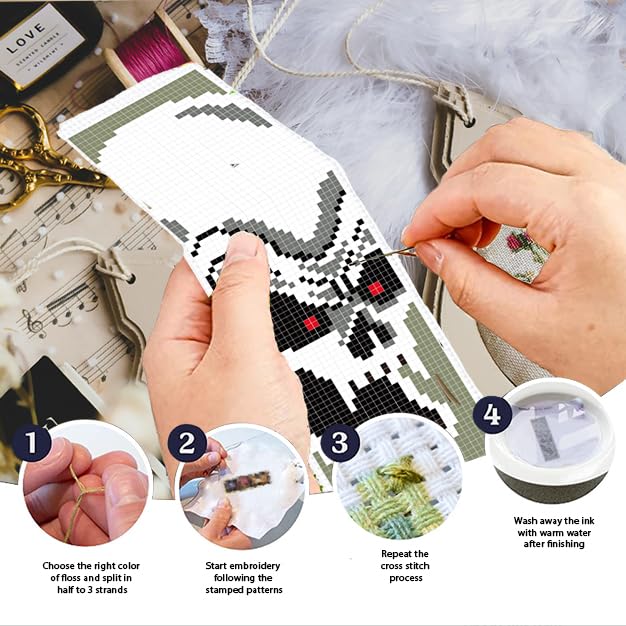 Image of INFUNLY 6PCS Skull Theme Cross Stitch Kit for Beginners 8.5x3 DIY Bookmarks Cross Stitch Kits Black White Horror Embroidery Cross Stitch Kits with Backing Felt Floss Instruction for Book Lovers