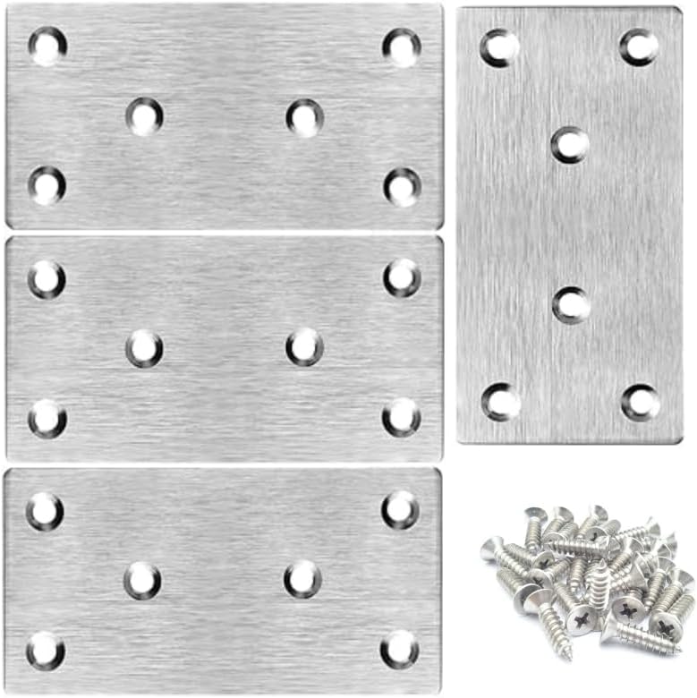 4 x 2 Inch Stainless Steel Flat Bracket Mending Plate, Bracket Joining Plate, 2 mm Thickness Heavy Duty Metal Repair Fixing Joining, Flat Brace Right Angle, for Furniture, Wood, Shelves, Cabinet(4pcs)