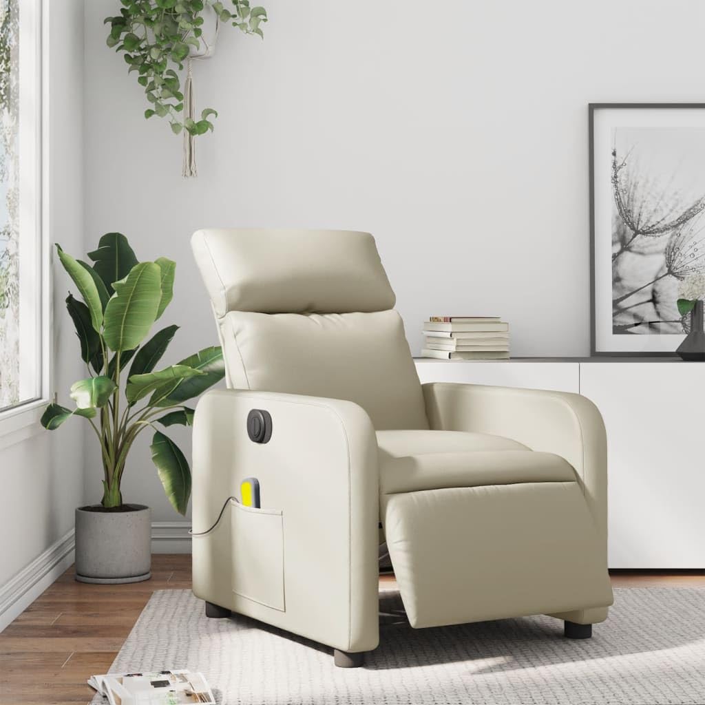 Massagesessel elektrisch Creme Kunstleder mit 6-Punkt-Vibrationsmassage und Elektromotor, verstellbare Rückenlehne und Fußstütze für Wohnzimmer Büro Lounge, Stabiler Holz Metallrahmen