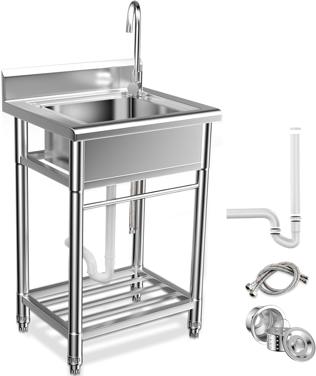 Lafati Stainless Steel Utility Sink - Single Bowl Free Standing Kitchen Sink NSF Certificated with Cold and Hot Water for Farmhouse, Bathroom, Bar, Laundry Room (23 Inch)