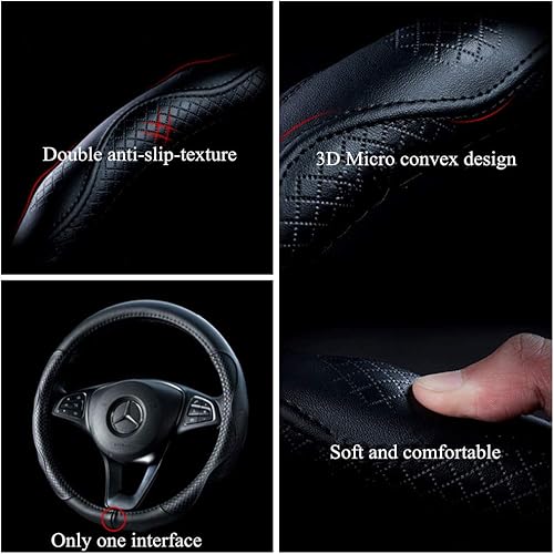 Miniatura 3 de Red Rain Funda de Volante de Cuero Negro Funda de Volante de Cuero de Vaca Cuero Genuino Funda de Volante para BMW Tamaño Universal M / 15 pulgadas