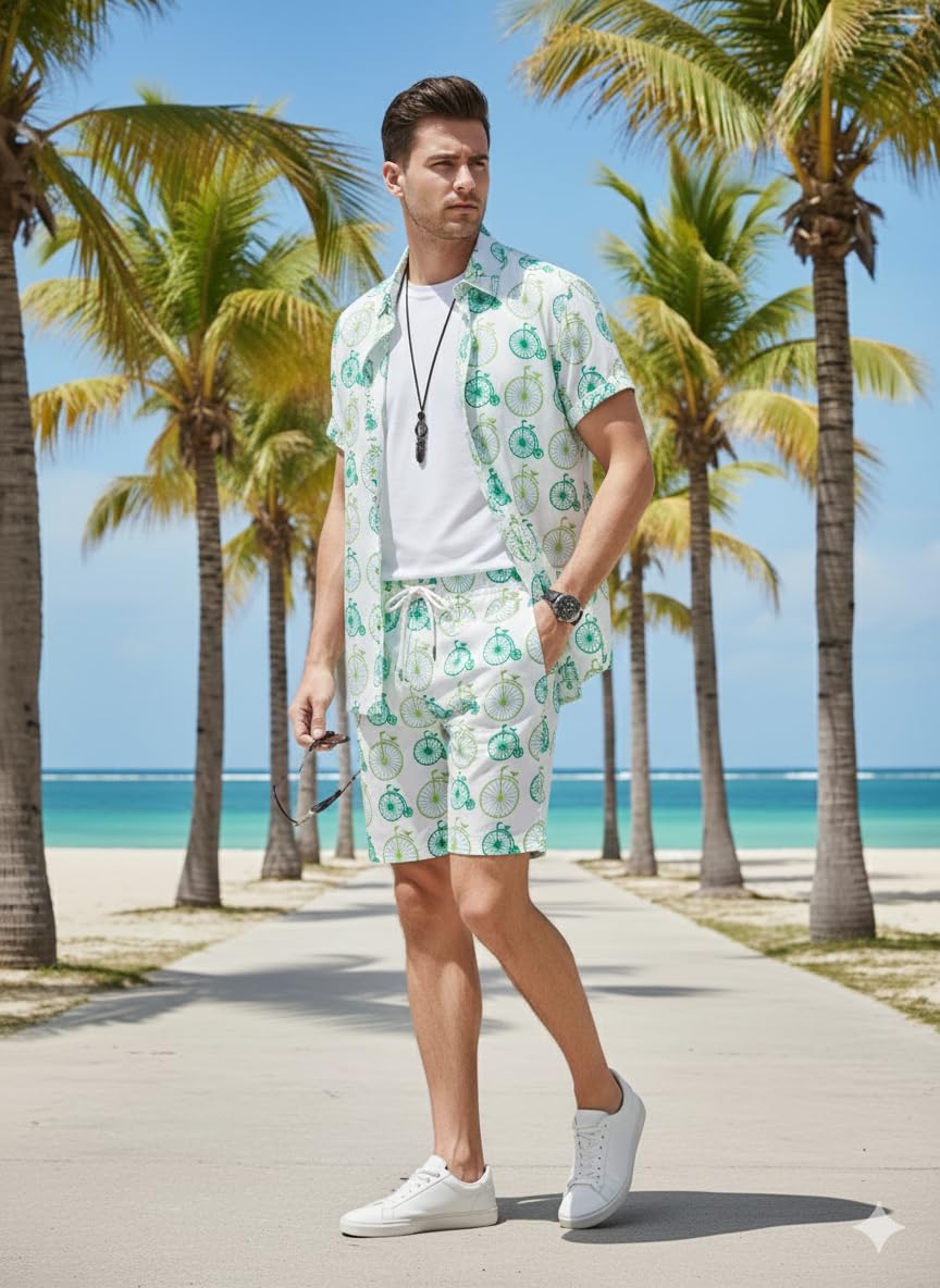 COOLLINEN Men’s Cotton Printed Co-Ord Set | Floral Print Short Sleeve Shirt with Drawstring Shorts | Casual Summer Wear, Beach & Vacation Outfit for Men (cycle, M.) 4