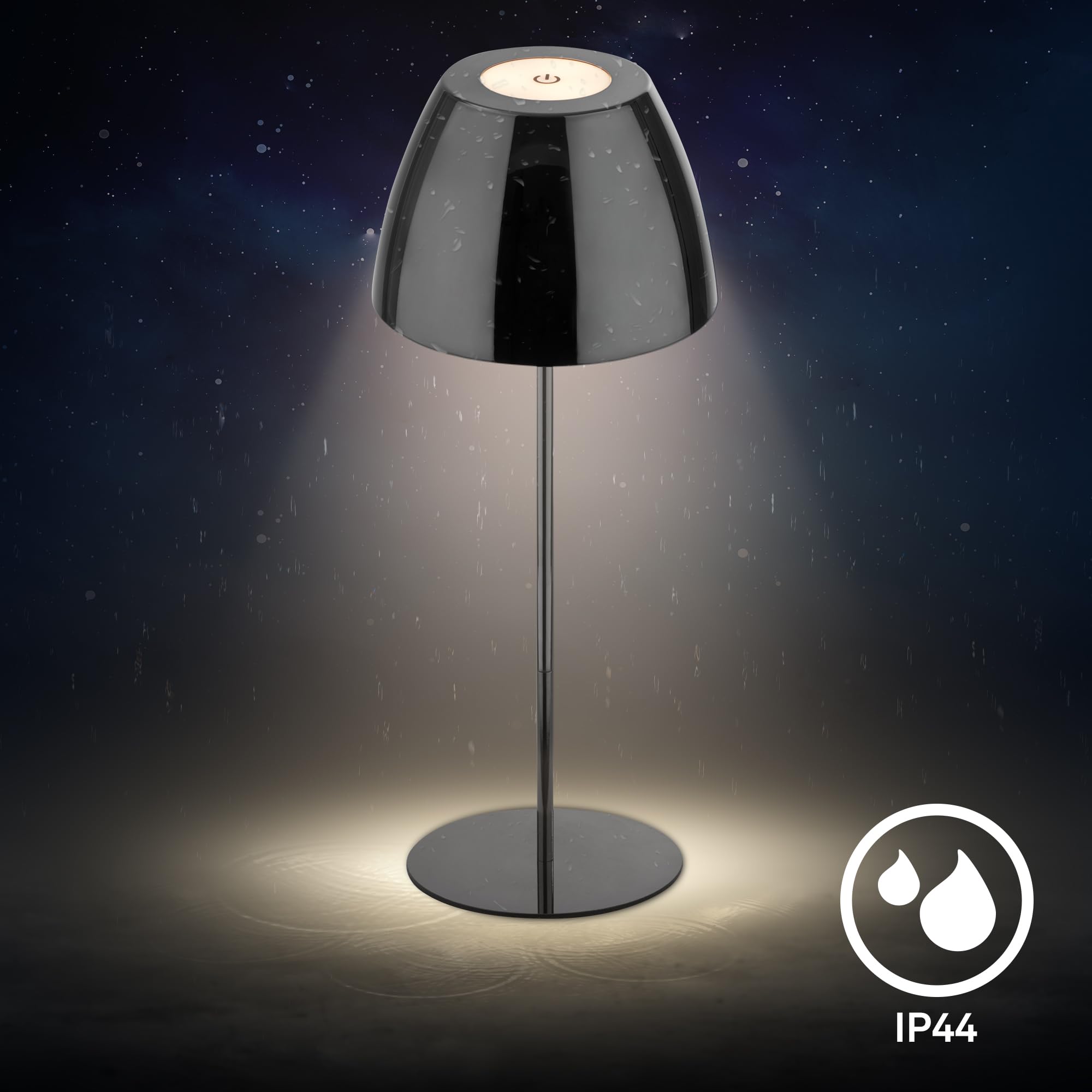 BRILONER - Lampada da tavolo LED senza fili IP44 con touch, dimmerabile, lampada da comodino, lampada ricaricabile, lampada da tavolo a batteria, da esterno, 13,5x36cm (DxH), nero-cromo