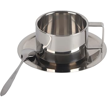 Stainless Steel Coffee Cups Set Double-Walled Coffee Cup with Spoon and Saucer Metal Espresso Cups Insulated Cup for Home Office Camping