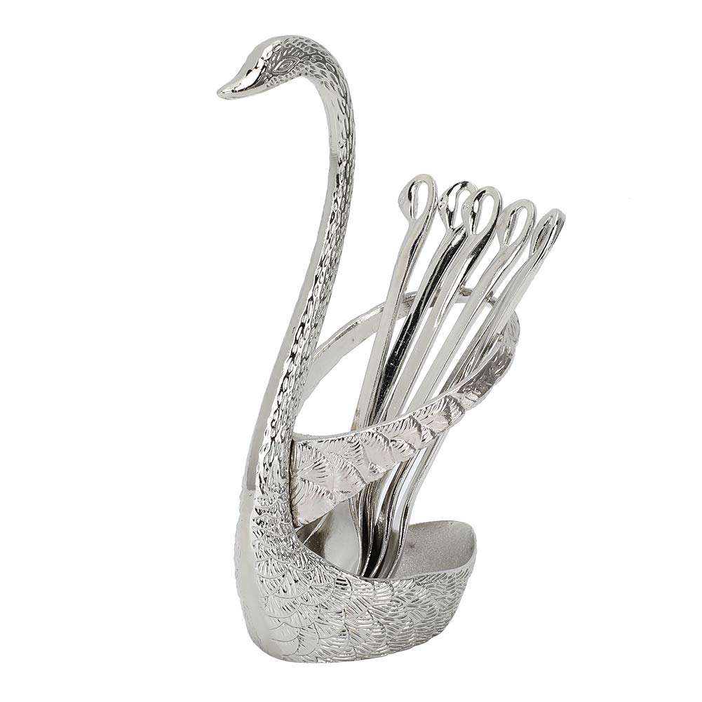 Decorative Swan Base Holder with 5 Spoon, Coffee Dessert Fruit Spoon Cutlery Set with Swan Feather Holder, Decoration Household Tableware Dinnerware Set(Silver)