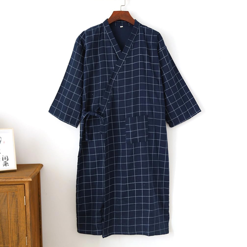 Hombres Algodón Kimono Robe SPA Albornoz Mediados de Longitud Plaid Sleepwear Kimono japonés para Hombres