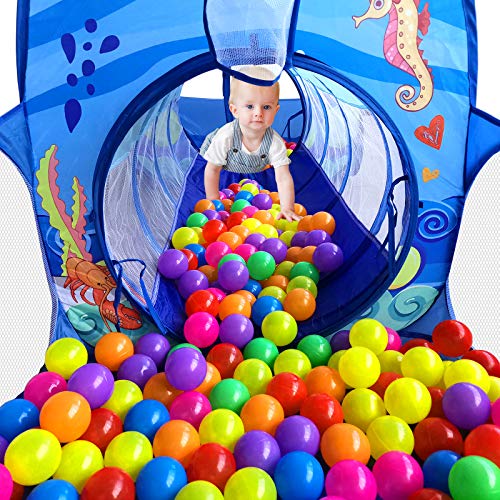 Image of PigPigPen 3 in 1 Kids Play Tent with Tunnel, Ball Pit, Basketball Hoop for Boys & Girls, Toddler Pop Up Playhouse Toy Baby Indoor /Outdoor, Gift Year Old Child (3 Tent)