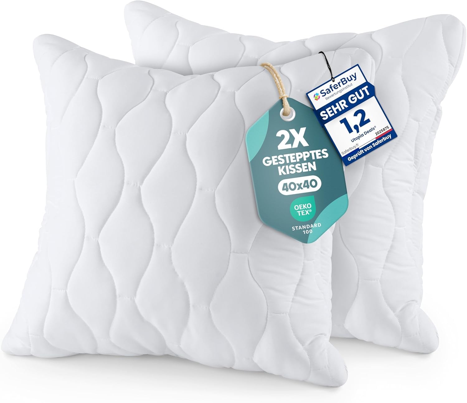 Utopia Bedding Kopfkissen 40x40 cm (2er Set), Gestepptes Kissen für Bett und als Dekokissen, Kissenfüllung, SofaKissen, Zierkissen für Couch (Weiß)