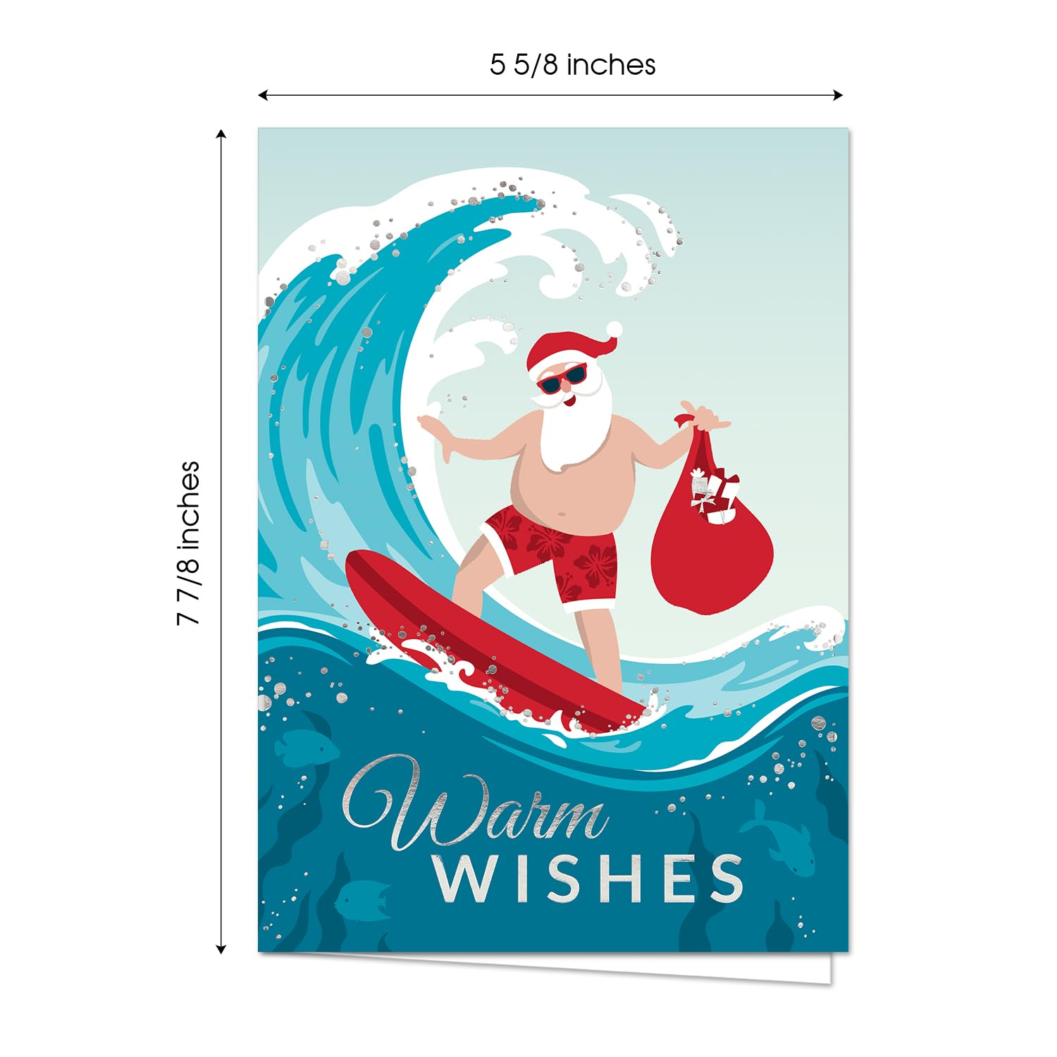 Masterpiece Surfing Santa Weihnachtskarten, 16 Boxed Beach Holiday Cards mit Silberfolien-Akzenten und passenden Umschlägen, 14 x 19 cm, gefaltete warme Wünsche Winterurlaub-Grußkarten mit Innentext