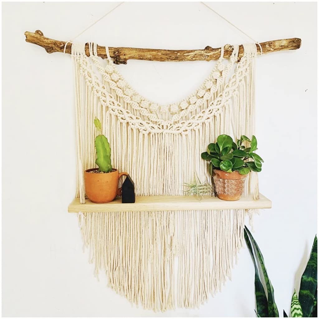 Tapices Macramé Tapiz de Pared Tejido a Mano de Estilo nórdico, decoración de Pared de Almacenamiento Tejida con Hilo de algodón de Palo de Madera Creativo