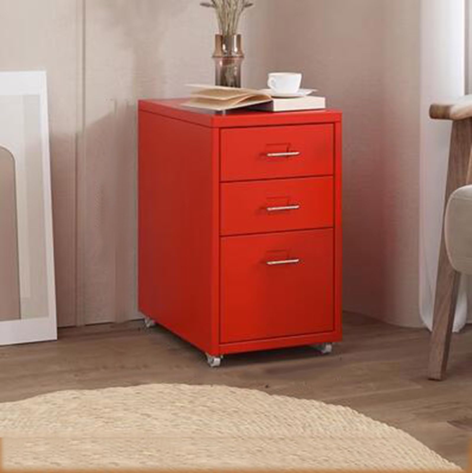 Aioneer Red Mobile Metal Filing Cabinet On Wheels Rolling Storage Organizer With Drawers Vertical Rolling File Cabinet Printer Stand Lockable Casters Office Storage Solution-18 * 16 * 11Inch