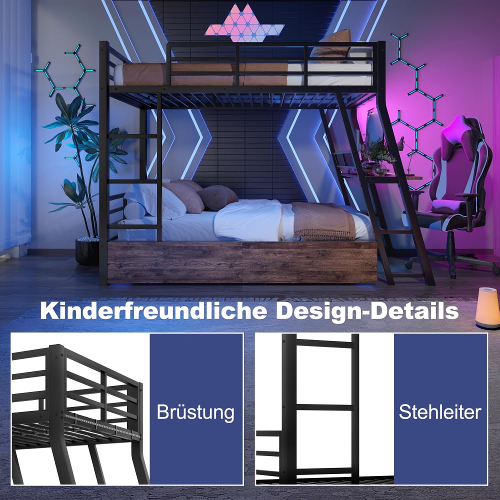 Lubvtti Letto a soppalco 90 x 200 cm con striscia LED e scrivania,letto a castello per bambini in ferro con cassetti,struttura del letto per bambini,senza materasso (Nero-90x200)