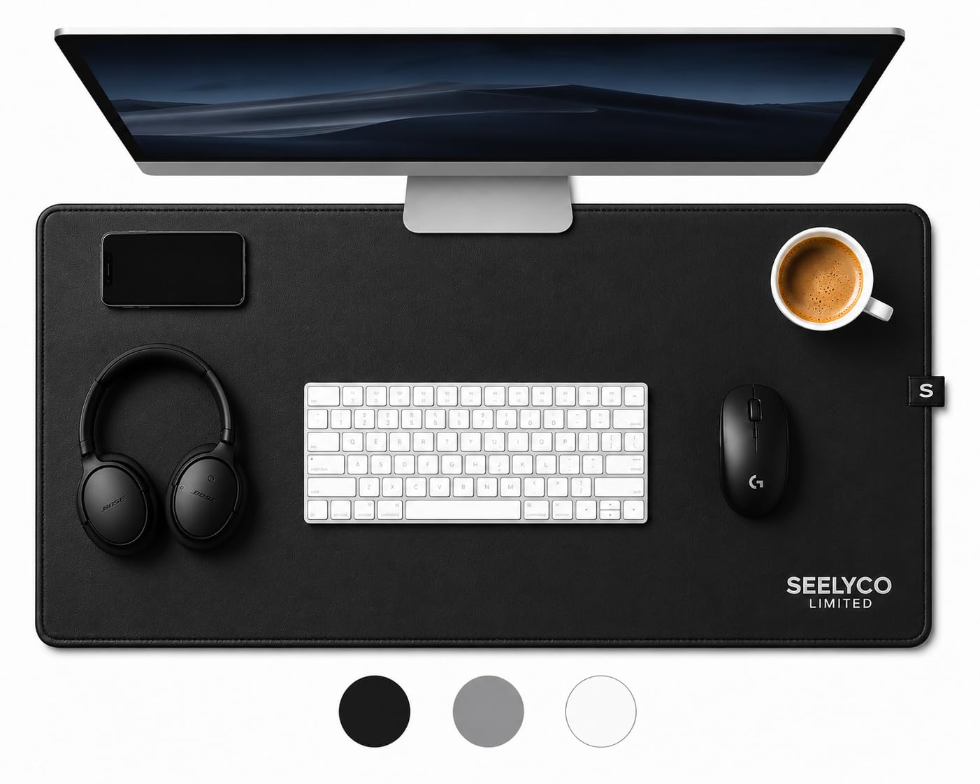 SEELYCO Vegan Leather Desk Mat - Large Desk Pad with Non-Slip Suede Base, Waterproof Desk Protector Mat for Keyboard, Mouse & Laptop Workspace - 80x40cm (Obsidian Black)