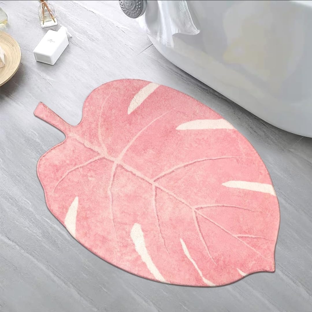 Amazing Leaf Shape Microfiber Bath Mat | Ultra Soft & Super Absorbent Bathroom Rug | Anti-Skid Washable Floor Mat | Plush Quick Dry Bath Mat for Bathroom, Bedroom, Kitchen & Entryway (Pink)-image-8