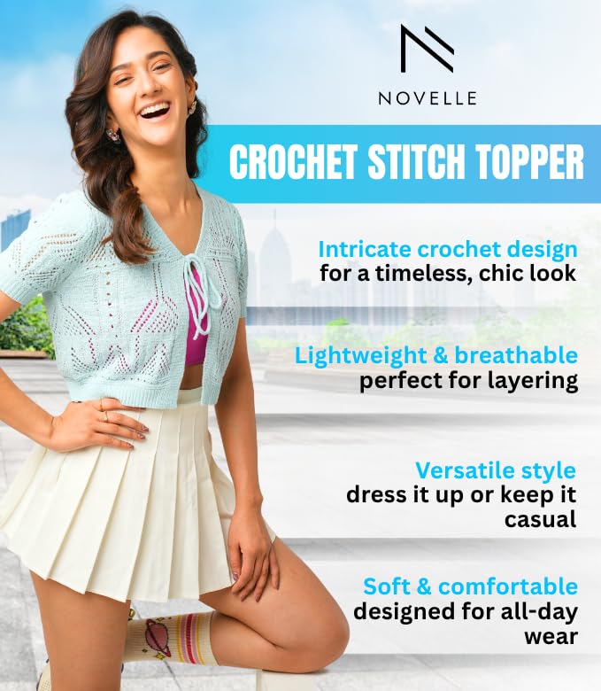 Image of Women's Crochet Cardigan Large Size | light weight Short Sleeve Cardigan For Women | Beautiful Aqua Color with Viscose & Nylon Fabric Blend | Front Bow Tie Closure For Casual Wear & More