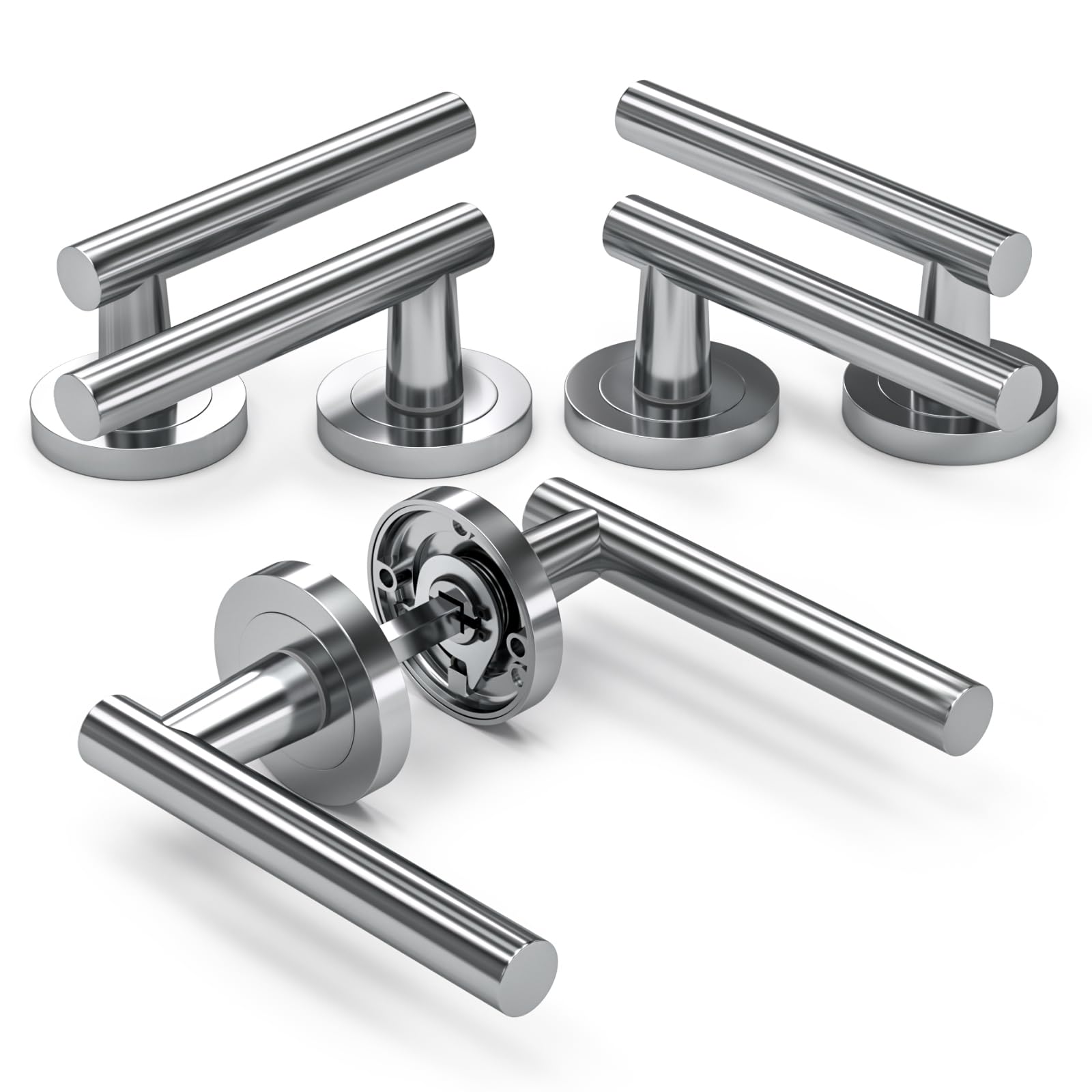 Bwintech 3 Sets T-bar Lever On Rose Handles Chrome Door Handles, Without Door Escutcheon, Style 1