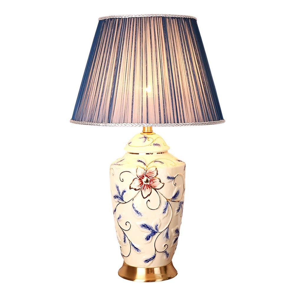 asdchZen Floral Table Lamp 26.7" White Porcelain Ceramic Desk Lamp Vintage Asian Chinese Jar With Fabric Shade Decor Bedside Nightstand Light For Living Room Bedroom