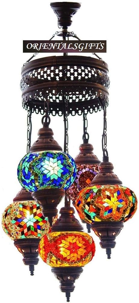 Turkish Moroccan Mosaic Chandelier, Pendant Light, 5 Globes, White & Multicolor, 120cm H x 10" D, Living Room Decor