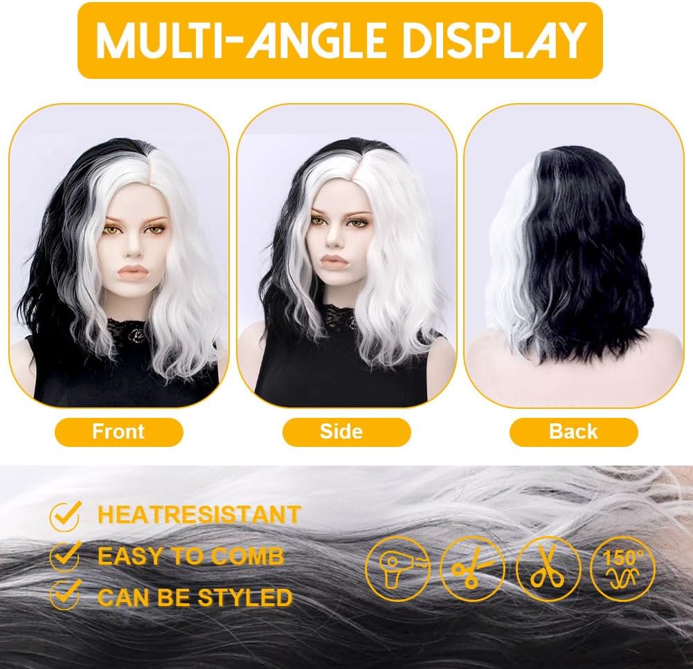 Parrucca Corta Riccia Bianca E Nera - Stile Crudelia Per Halloween E Cosplay - Foto 7