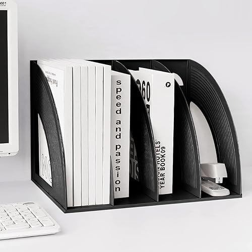 Miniatura 6 de SAYEEC Soporte para revistero resistente, 4 compartimentos, organizador de archivos de escritorio de plástico, divisores de archivos, organizador de