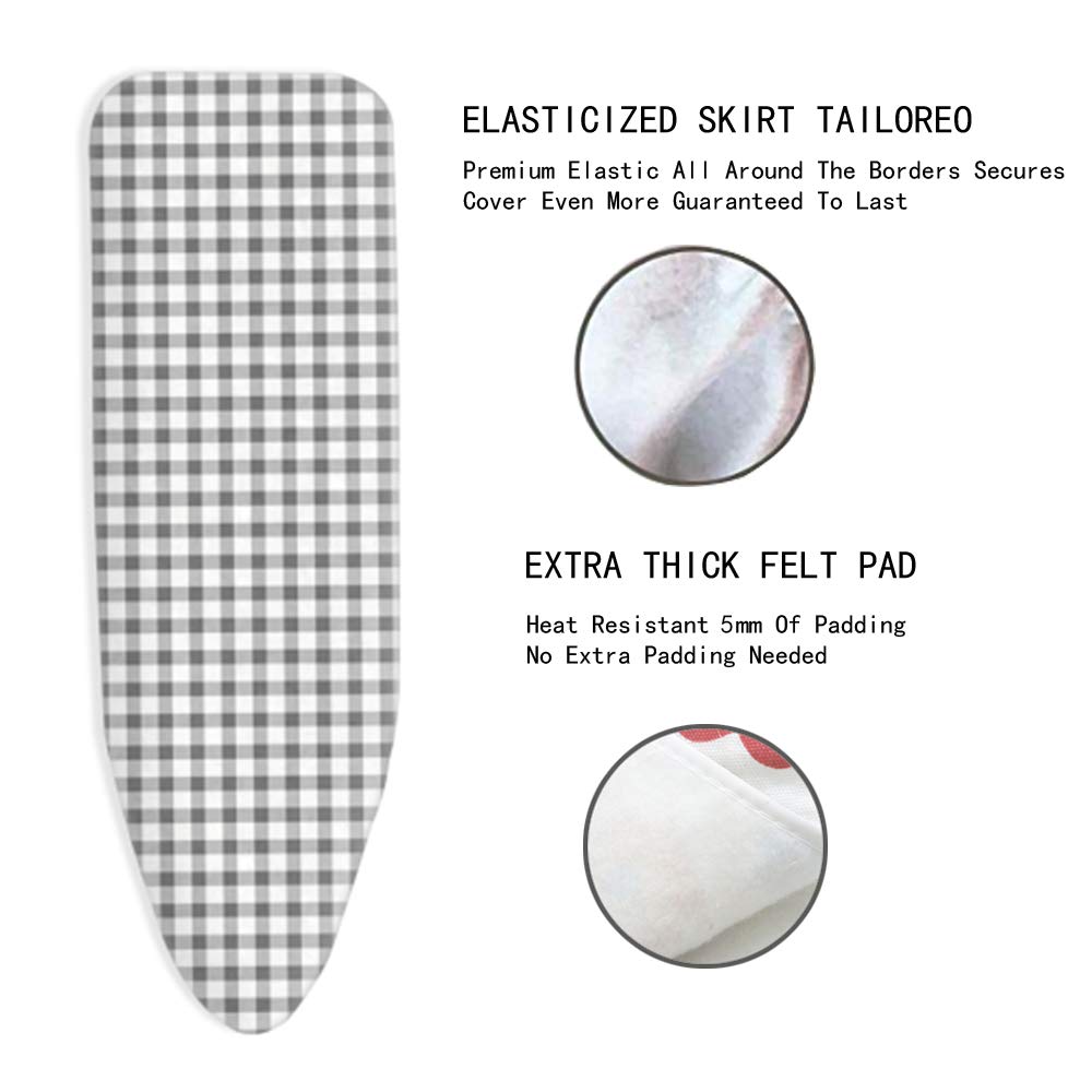 Funda para tabla de planchar extragruesa, resistente a quemaduras y manchas, planchado rápido, diseño a cuadros negros, tamaño XL/L, 135 x 50 cm, perfecta para un planchado eficiente