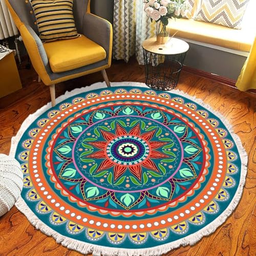 Homxi Alfombras Modernas Redonda 100 cm - Alfombra de Poliéster Patrón de Mandala con Borlas - Alfombras Verde Azul Naranja Pequeña