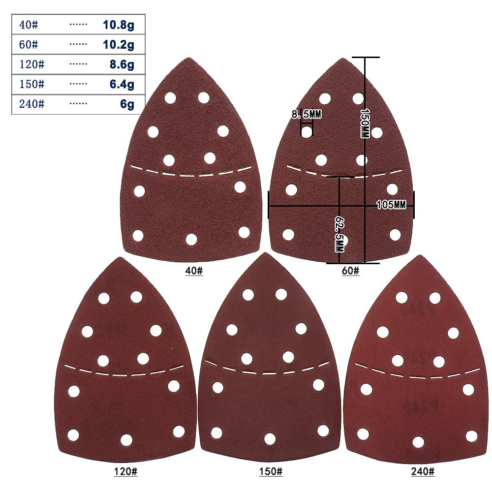 100 hojas de lija separables, papel de lija triangular, 105 x 150 mm, 11 agujeros, disco de lija de bucle de gancho, grano 40/60/120/150/240, h, 40 120 180 240 320