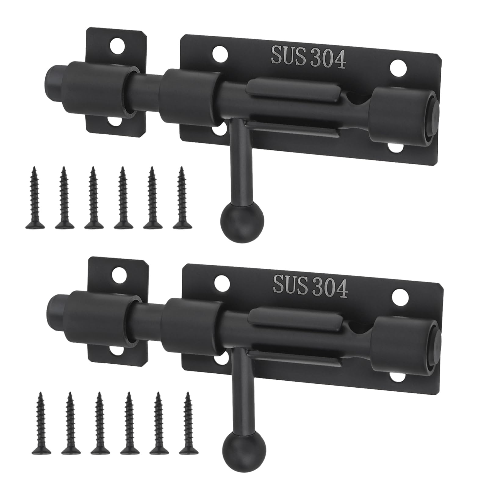Slide Bolt Gate Latch, 2 Pack 4 Inch 304 Stainless Steel Barrel Bolt Latch with 8 mm Padlock Hole, 10 mm Bolt Heavy Duty Black Sliding Latch Lock