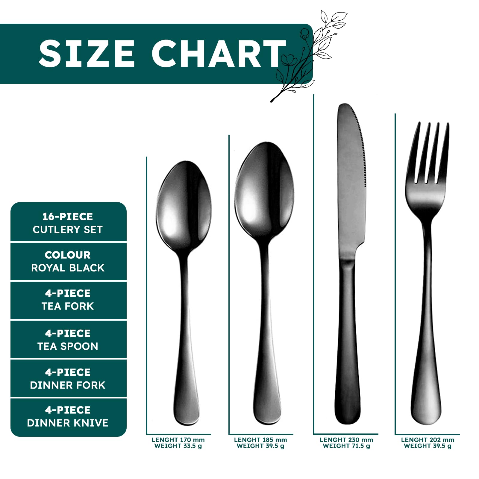 16-Piece Black Stainless Steel Flatware Set, LAVISHLY Mirror Polished Cutlery for 4 People, Durable & Dishwasher Safe Tableware - Image 3
