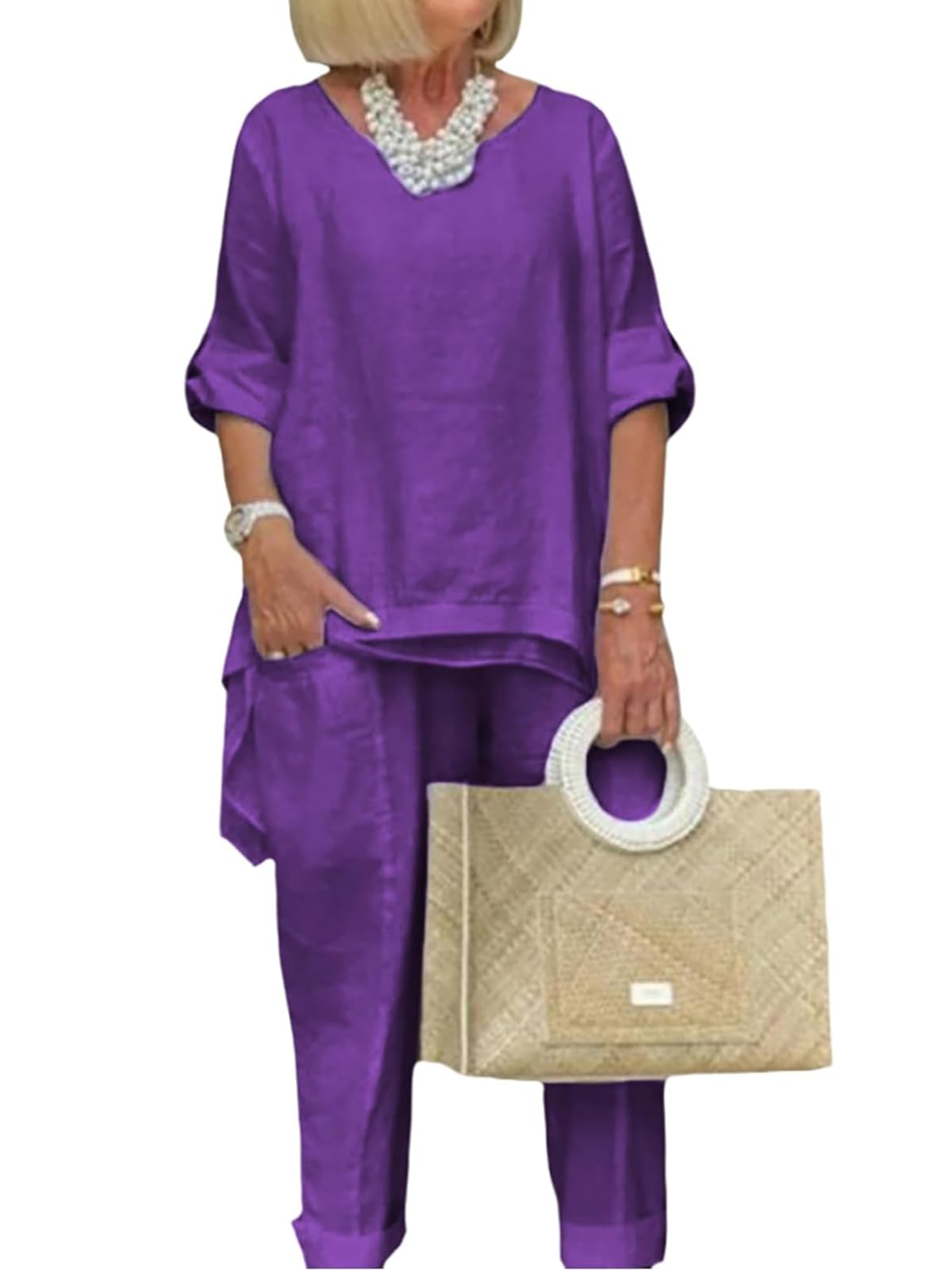 DEPENSL Womens 2 Piece Cotton Pants Suit Casual Loose Outfit Long Sleeve Top Shirts Sets Straight Leg Trousers