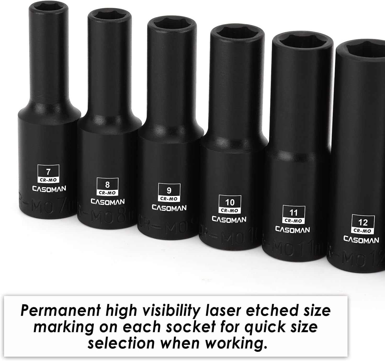 CASOMAN 13PCS 3/8"Drive Magnetic Impact Socket Set, Deep, 6-Point, Metric, 7mm to 19mm, CR-MO